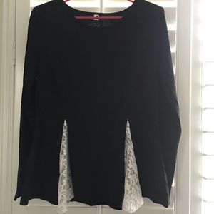 Black Peplum Long Sleeve Blouse W Lace Detail